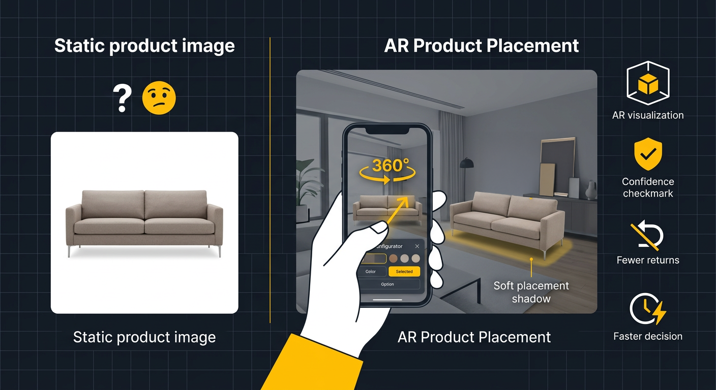 Static product image with uncertainty vs AR product placement showing a sofa in a real room with confidence, fewer returns, and faster decisions