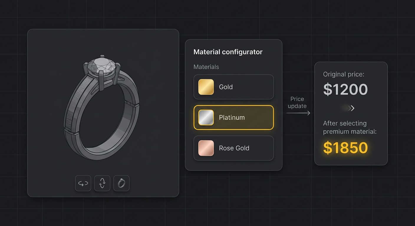 Jewelry material configurator showing a ring with Gold, Platinum, and Rose Gold options and real-time price updates