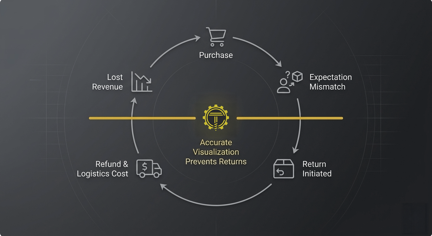 Product returns cycle — accurate visualization prevents returns by breaking the cycle of expectation mismatch