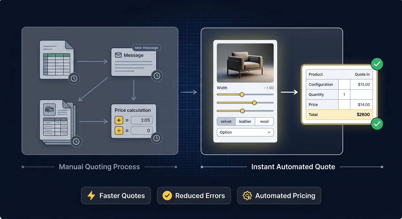 Manual quoting process with emails, spreadsheets, and price calculations versus instant automated quote with configurator showing product, options, and total price