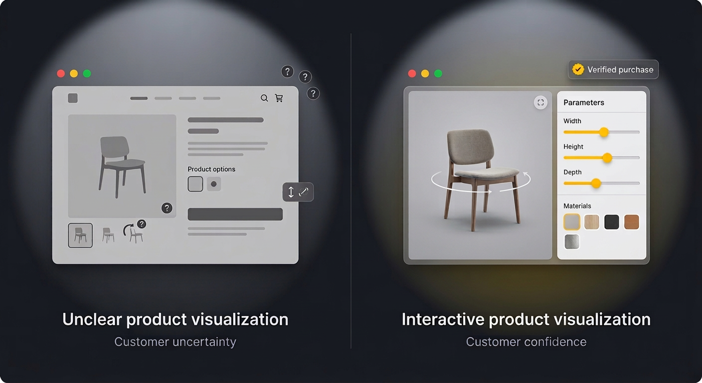 Unclear product visualization vs interactive product visualization with customer confidence